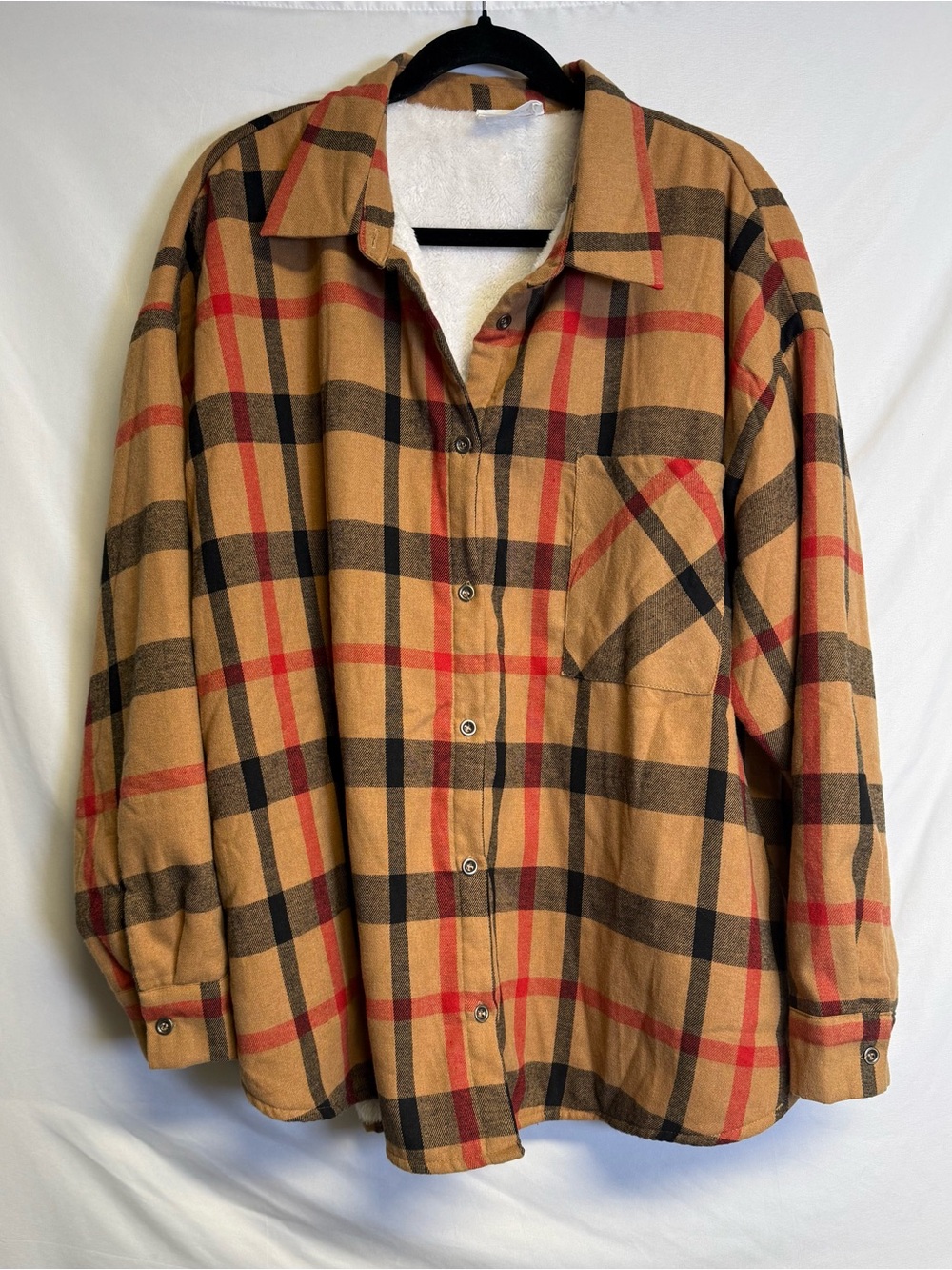 ANDREE BY UNIT Camel Plaid Button-Down Shirt Jacket with Red & Black Accents